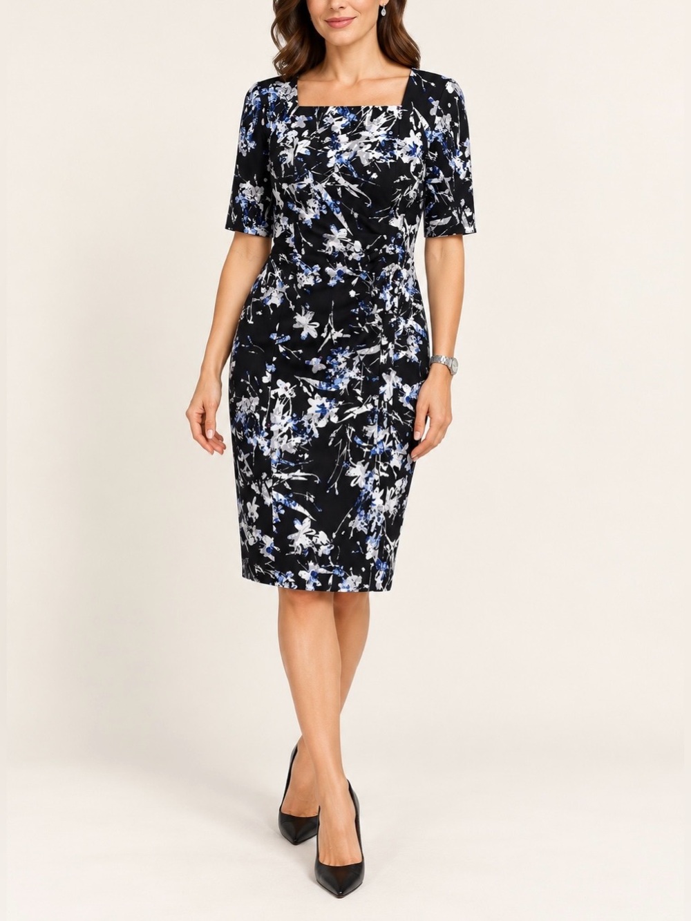 Tahari ASL Black Blue Floral Square Neck Ruched Sheath Dress Size 8